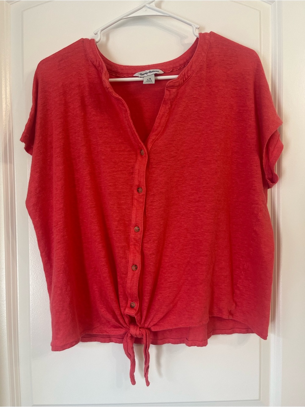 Tommy Bahama Short Sleeve Button-Front Tie-Hem Top 100% Linen Shirt Womens Large